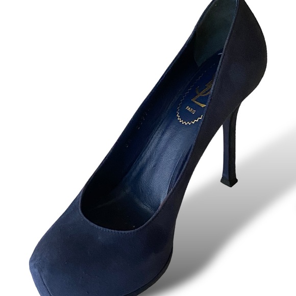 YSL Yves Saint Laurent Trib Navy Blue Suede Heels Pumps Size  7.5 US. 37 1/2EU - Picture 7 of 13
